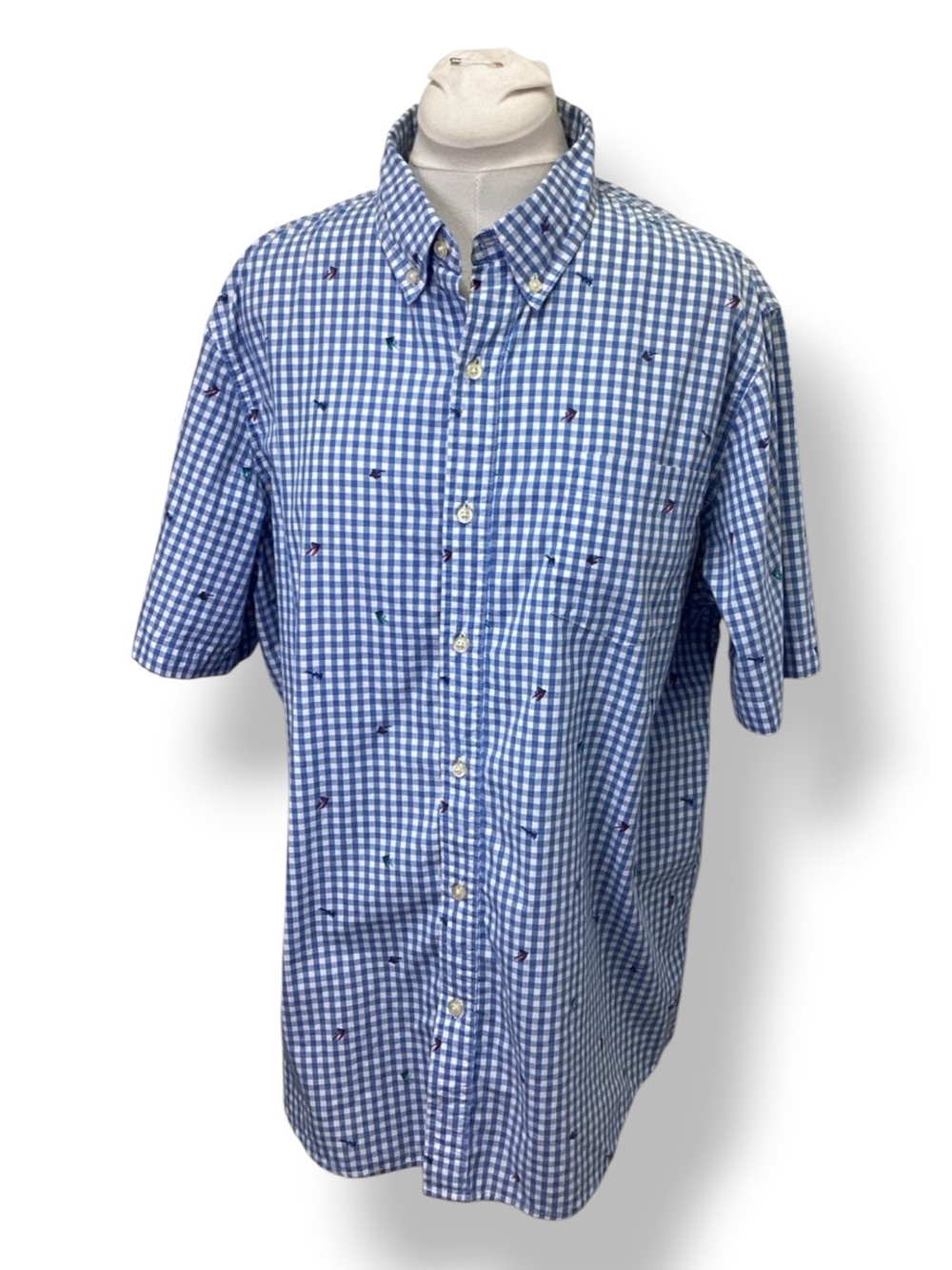 Chaps Mens Short Sleeve Easy Care Shirt Cotton Flying Fishing Blue Gingham XL